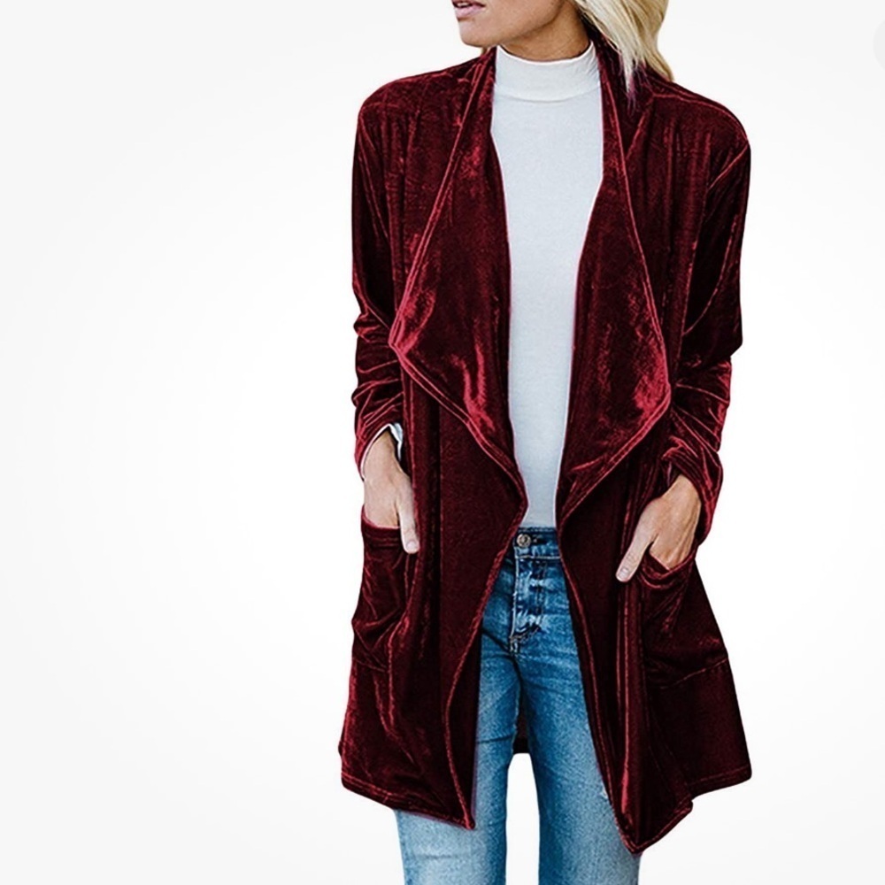 FUTURINO Waterfall Velour Cardigan in BURGUNDY w/Pockets, Size M